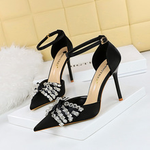 5198-H1 European and American style summer high heels for women's shoes, shallow cut pointed rhinestone bow knot, hollow straight line with sandals