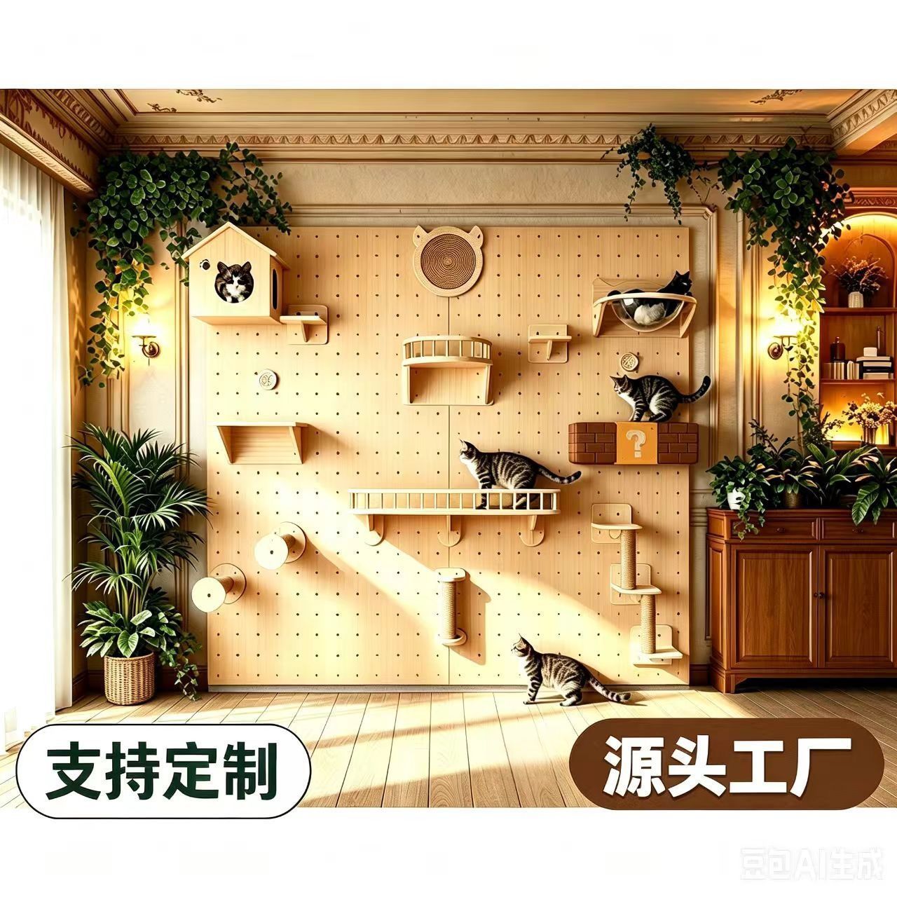 批发定制实木猫爬架多功能上墙式猫爬架工厂来图来样定做可代工