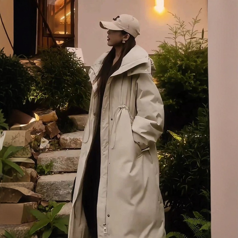 여성용 다운 재킷 중간 길이 무릎 위 길이 라펠 대형 사이즈 한국 스타일 루즈핏 2025 신상 겨울 코트 우아한 스타일 라이트 럭셔리