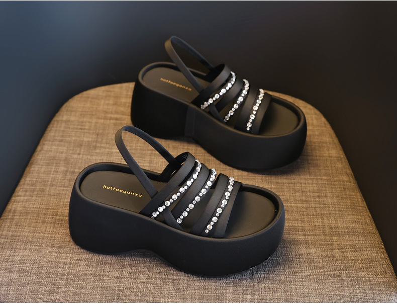 Sandal cao gót nữ hở mũi đính đá pha lê đế bánh xốp độn dày mùa hè 2025 — Màu đen, Màu bạc chi tiết 5
