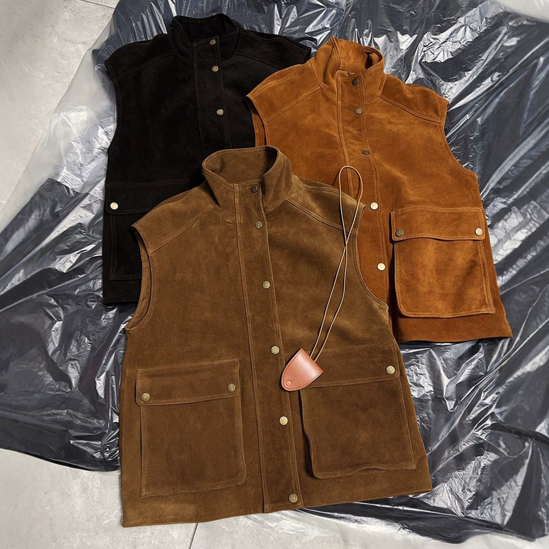 Vintage Old Money Style Genuine Leather Vest for Women, Sheepskin Suede Vest, Casual Loose Workwear, Layered Mid-Length Coat 2026 Vintage Old Money Style Genuine Leather Vest for Women, Sheepskin Suede Vest, Casual Loose Workwear, Layered Mid-Length Coat 2026