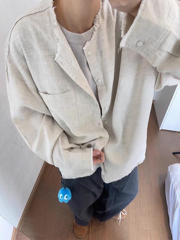老钱风复古毛边亚麻衬衫男夏季薄款高级感慵懒风长袖衬衣防晒外套|undefined