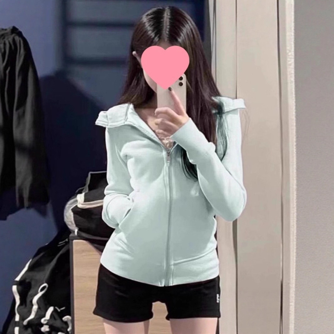 韩系修身卫衣外套女秋季穿搭正肩掐腰连帽运动收腰短上衣运动开衫