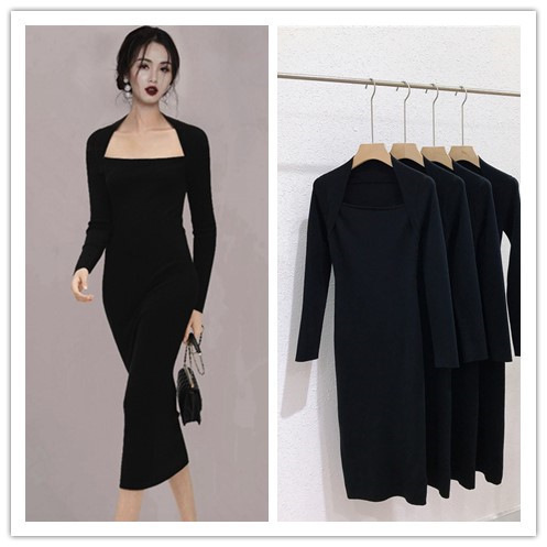 2088 Spring New Style Hepburn Retro Style One-Shoulder Slim Fit Slit Knitted Dress with Long Skirt Underneath