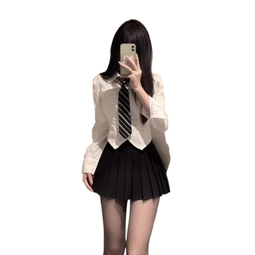 JK Uniform Set Academic StyleWaist-CinchedWhite Shirt for WomenShort SleeveDesign-FocusedNicheSlimmingFittingFoot Bath Collar