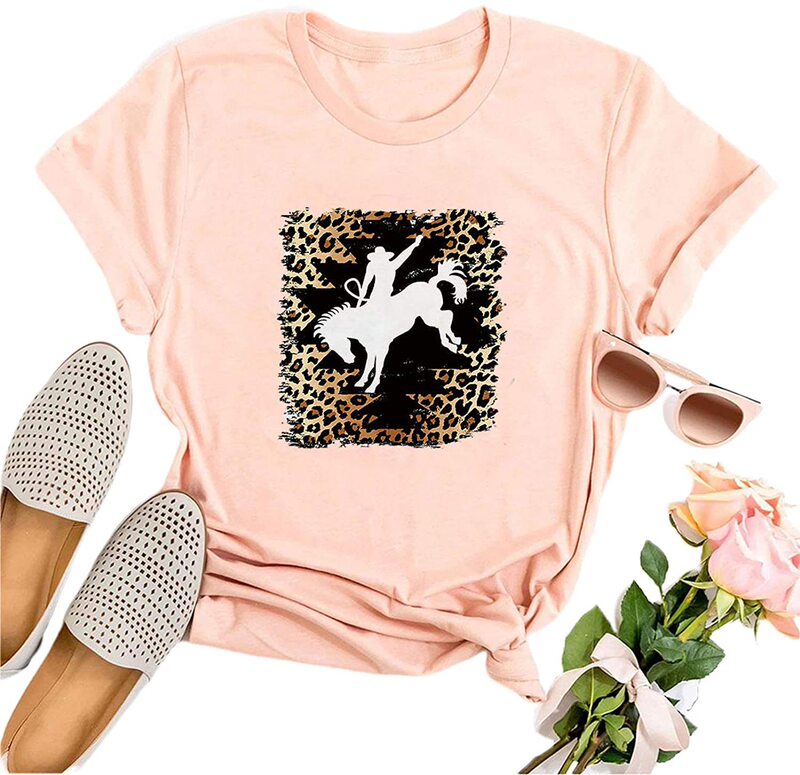 in stock Amazon LORSU Women's Western Denim Horse Pattern T-Shirt Vintage Cactus Buffalo Leopard Print T-Shirt