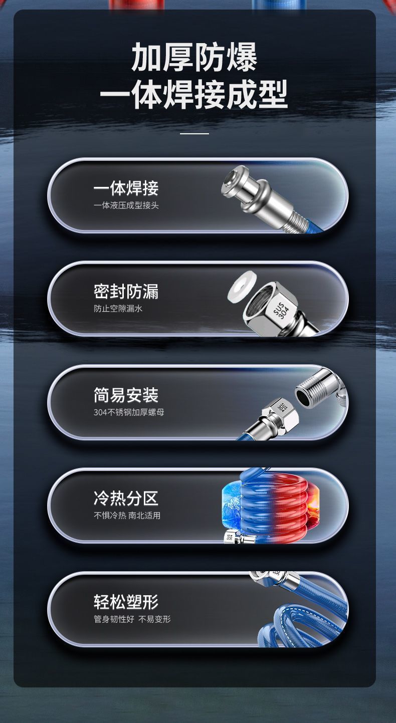 4-point explosion-proof 304 stainless steel corrugated pipe water heater cold and hot water inlet pipes, high-temperature resistant flexible hose special connection pipe details Picture