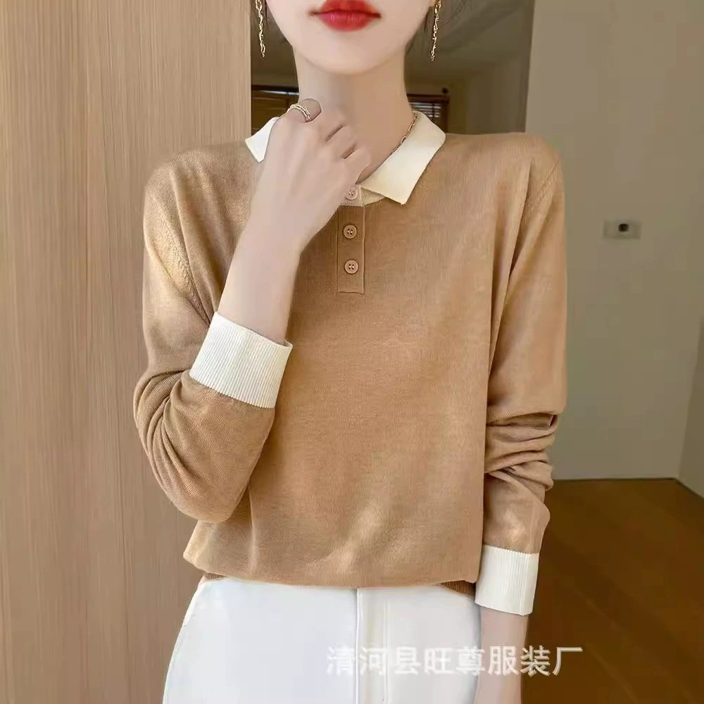 Осенне-зимний вязаный шерстяной свитер с воротником-поло для женщин, модный уменьшающий возраст контрастный цветной свободный топ, тонкий свитер ранней осени