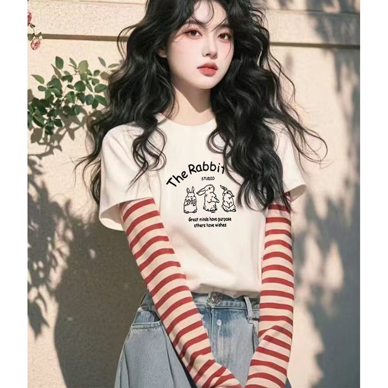 白色纯棉假两件条纹长袖T恤女2025秋季新款设计感宽松短款上衣|undefined