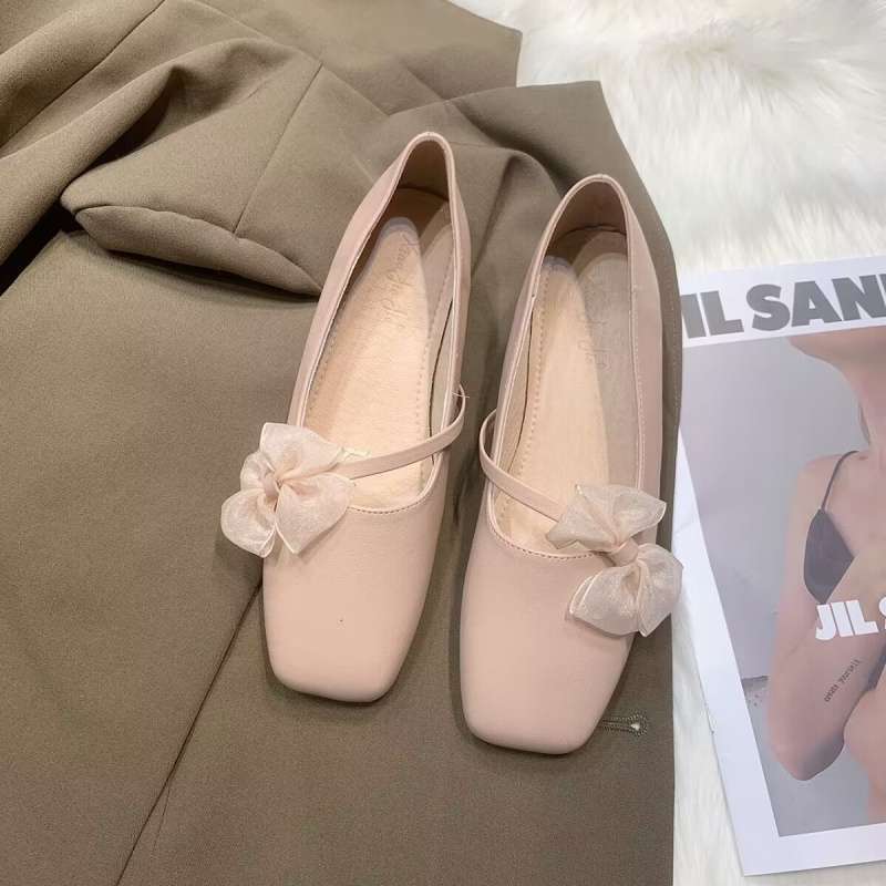 Square-Toe Women's Flat Shallow Lace Versatile Gentle Ballet Soft-Soled Granny Shoes with Bowknot and Skirt Slip-On Shoes