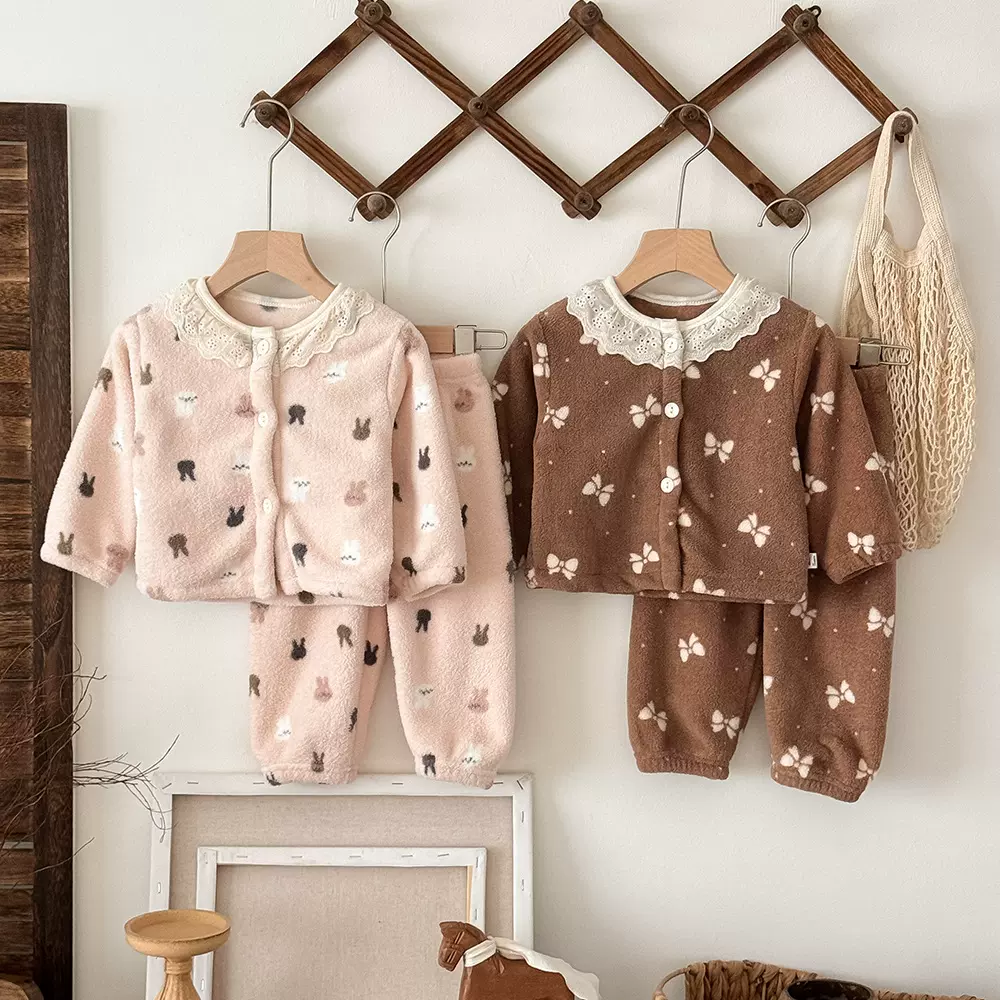 女童睡衣法兰绒秋冬新款a类儿童家居服套装韩国女孩加绒保暖睡衣