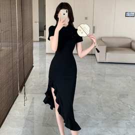 新中式改良旗袍赫本风小黑裙气质高级性感黑色鱼尾包臀连衣裙子夏