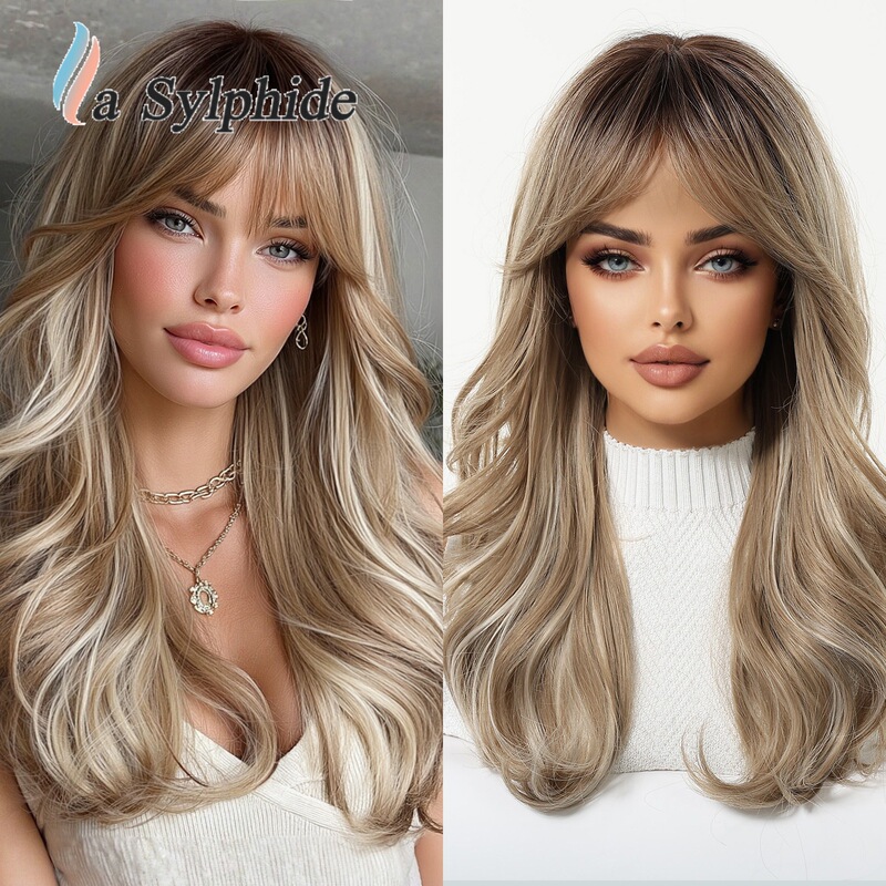 New Wig for Women with Full Headband with Bangs Golden Long Curly Hair High Temperature Silk Chemical Fiber Mechanism Amazon Best Selling Wigs