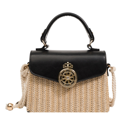 Small bag women's new trendy straw woven small square bag contrasting color portable small square bag Western style woven single shoulder crossbody bag