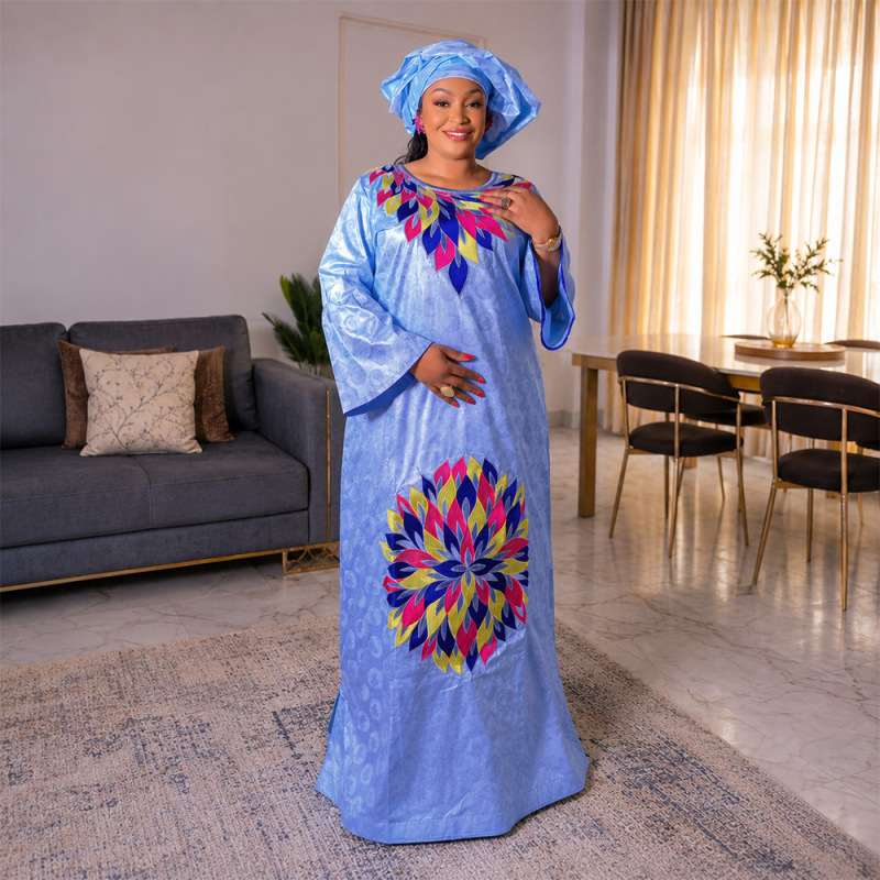 Cross-Border Foreign Trade African Embroidered Long Dress Amazon Aliexpress Women's Plus Size Dress Headscarf