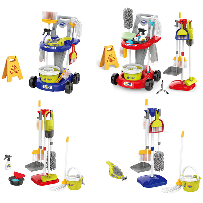 Los niños transfronterizos juegan la limpieza de la casa de limpieza juguetes simulación electrodomésticos barrido aspiradora limpieza carro herramienta traje