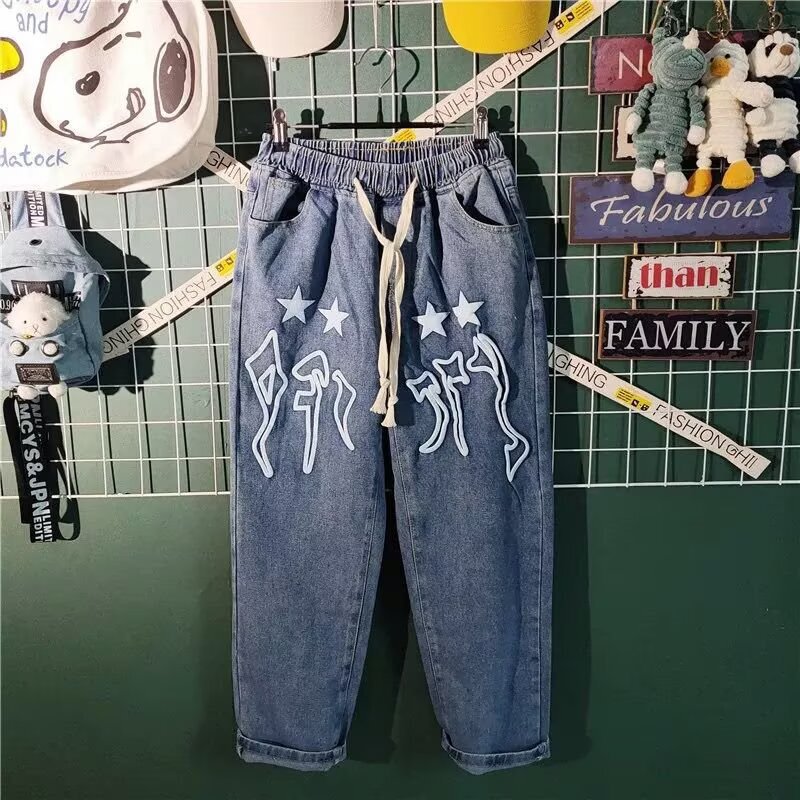 港风潮男春秋新款个性字母牛仔裤嘻哈ins潮高街潮流痞帅长裤外贸|undefined