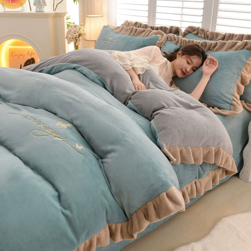 Demi-season velvet autumn warm jeans, double-sided fleece coral duvet cover, flannel set, with embroidery, 4 piece set