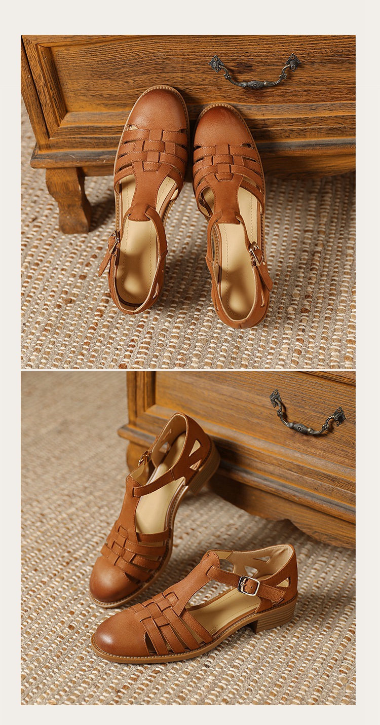 Sandal bít mũi da cừu phong cách La Mã quai chữ T dệt cho nữ — Màu caramel chi tiết 22