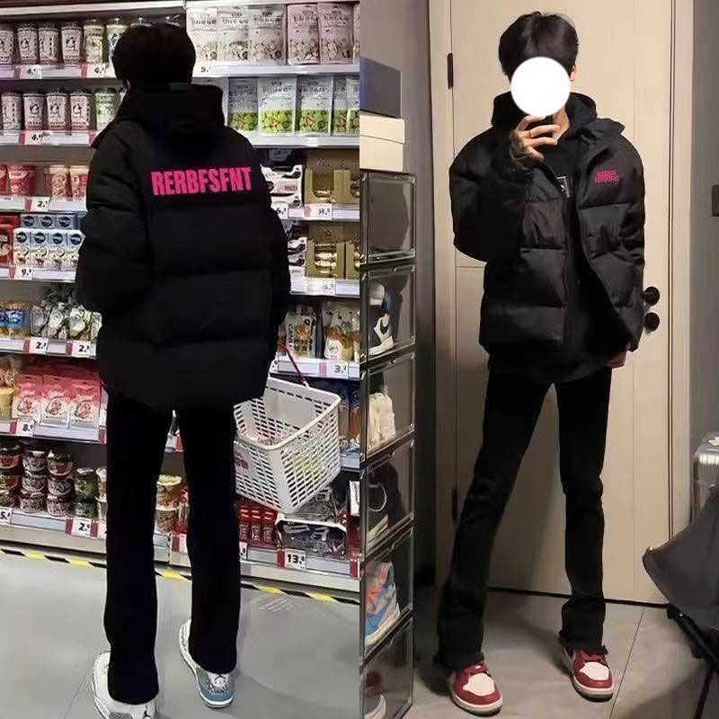 American-Style High Street Cotton-Padded down Jacket, Warm and Trendy Winter Black Letter-Print Windproof Thickened New Model Puffer Jacket