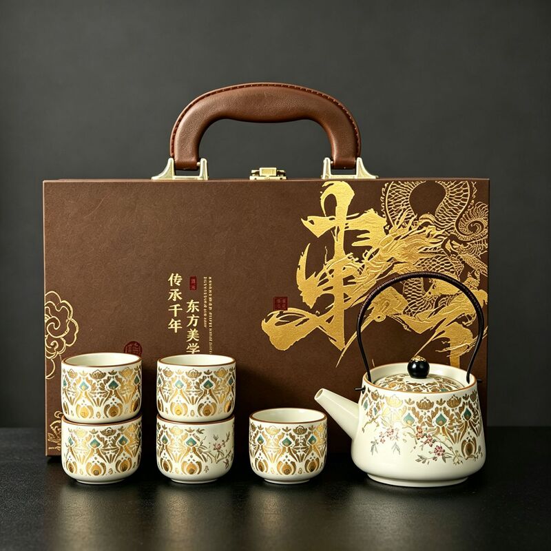 High-end Ru kiln gold and silver inlaid teapot with handle, tea set gift box, kung fu tea pot, business gift for clients