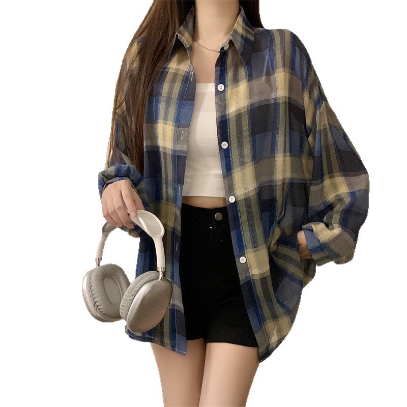 新しいアメリカンチェック柄シャツ女性のための 2025 夏の新しい怠惰なスタイルのシャツジャケット日焼け止めトップトレンディ|undefined