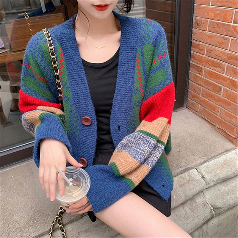 秋冬复古宽松大码毛衣女外穿外套上衣女新款港风撞色条纹针织开衫|undefined