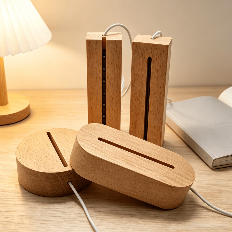 Beechwood luminous lamp base, solid wood creative oval acrylic lamp holder, USB direct plug-in wooden night light