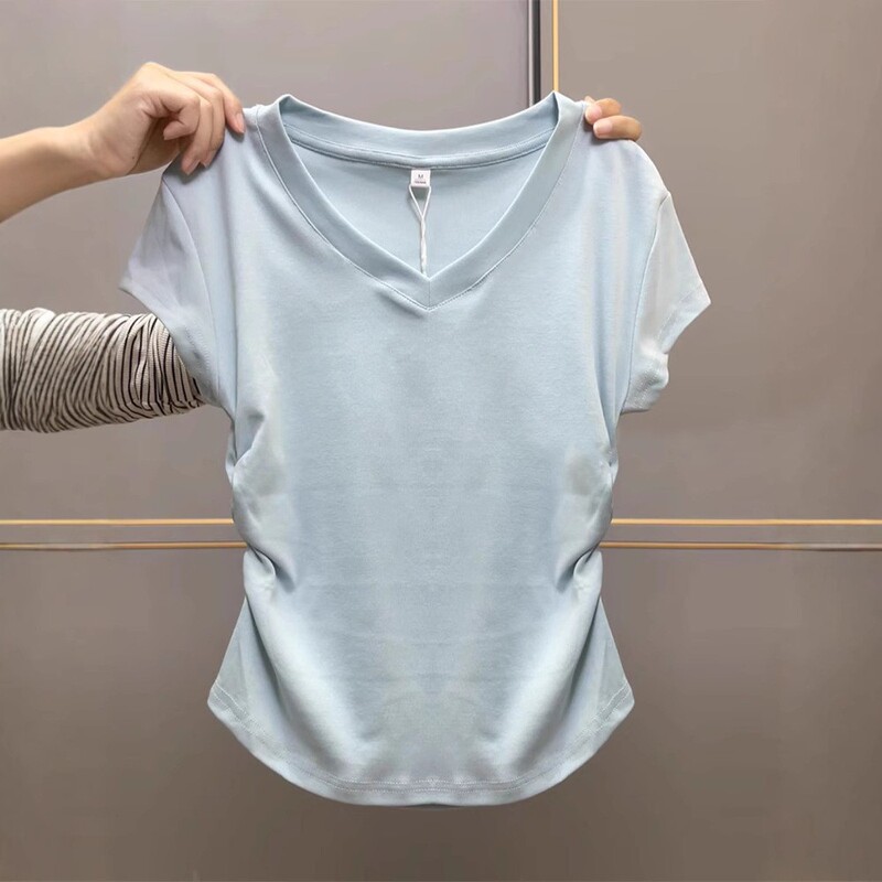 Milk Blue V-Neck Youthful Style Regular Shoulder T-Shirt Summer 2026 Summer Pleated Slimming Top for Women Niche Style Short-Sleeve