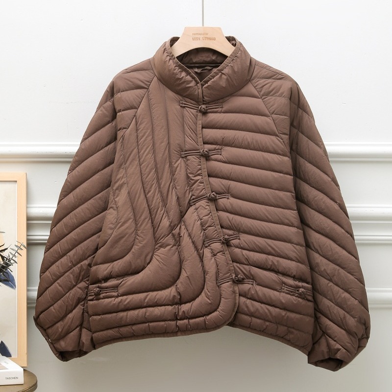 Cross-Border Autumn and Winter New Light down Jacket Women's Short Ethnic Style Buckle Loose Large Size White Duck down Jacket Trendy