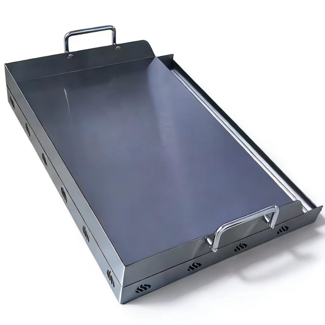 Placa de parrilla de horno de acero inoxidable con inserción de placa superior plana con mango de ranura de grasa para parrilla de gas y carbón