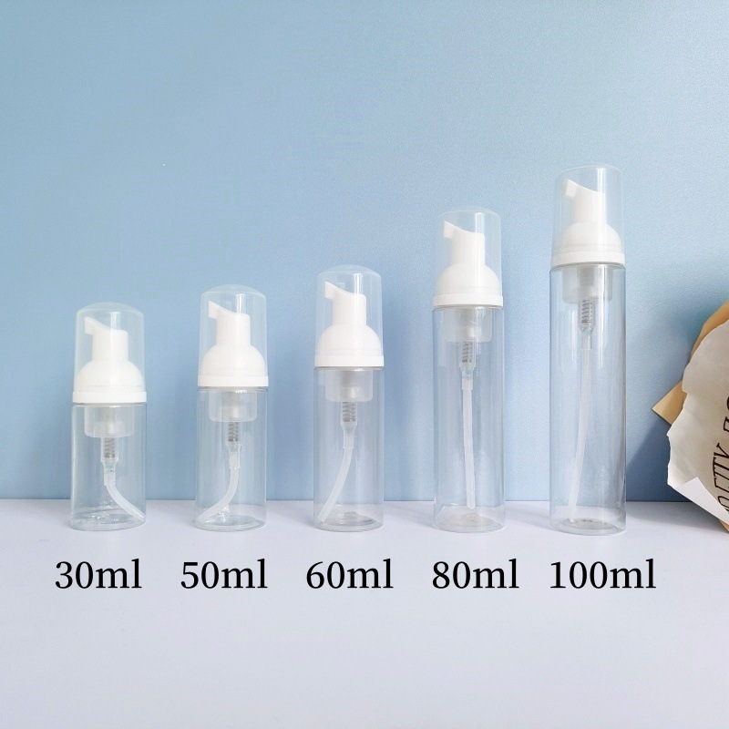 30 dientes PET mousse transparente botella 30ml100ml limpiador facial espuma botella champú espuma botella de pie en stock