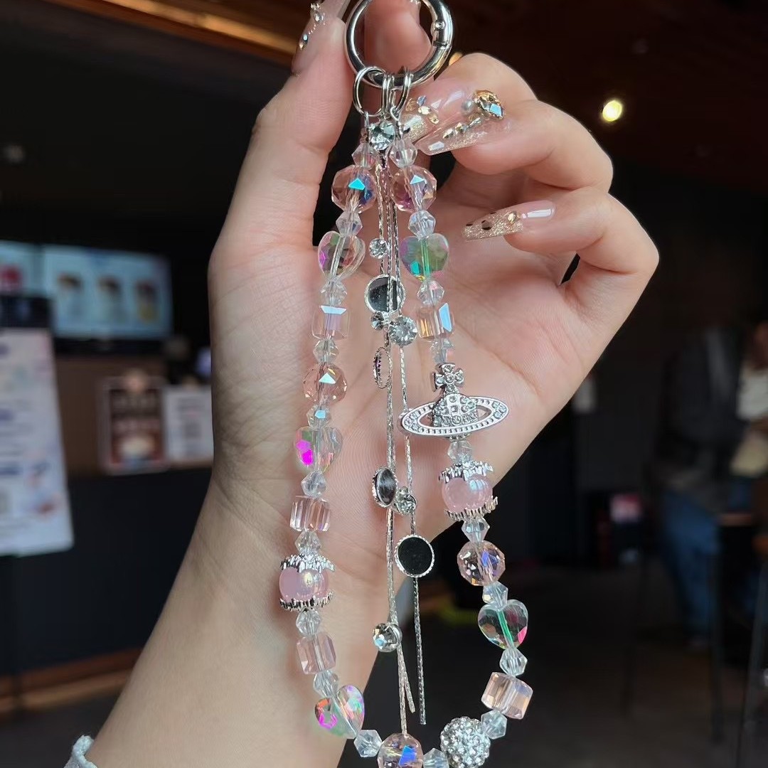 Cable de teléfono móvil de alto nivel, la emperatriz imperial del oeste Saturno, el planeta, cuentas de cristal, cuentas de fresa, cadenas de teléfono móvil hechas a mano, colgantes de muñeca