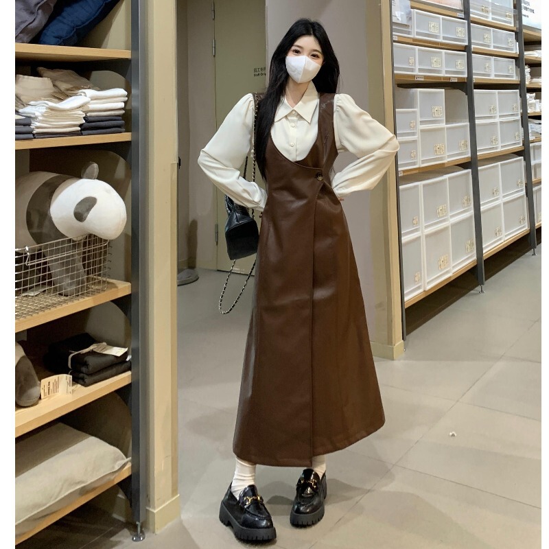 Plus Size Women's Spring Outfit Set for Curvy Pear-Shaped Figures, Western Style Melad Suspender Skirt and Leather Skirt Two-Piece Set