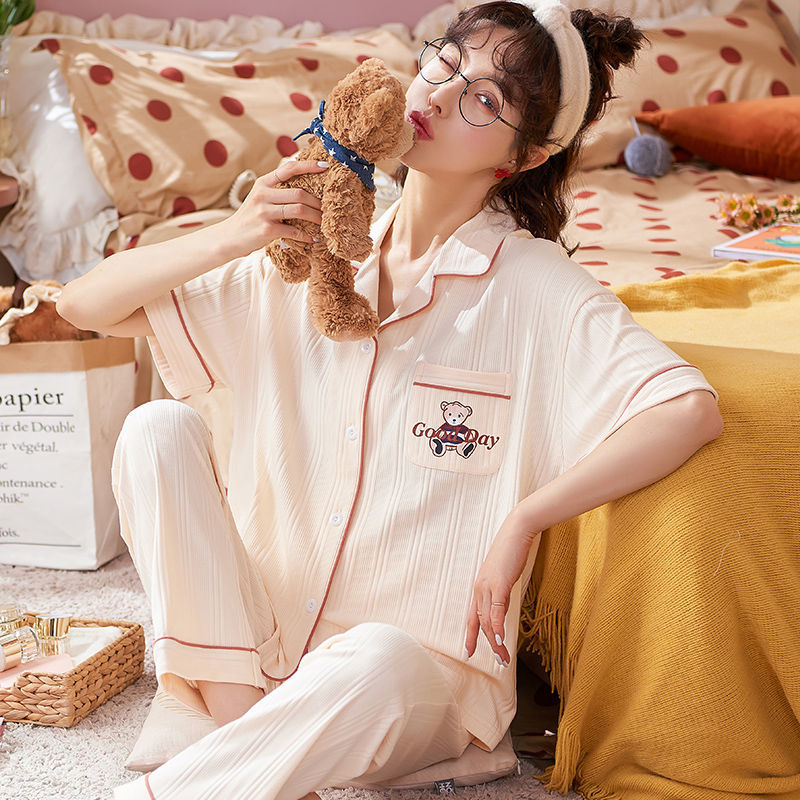 Pijamas de mujer de verano 100% algodón de manga corta pantalones de dos piezas conjunto de ropa de casa de las mujeres de primavera y otoño suelto se puede usar fuera