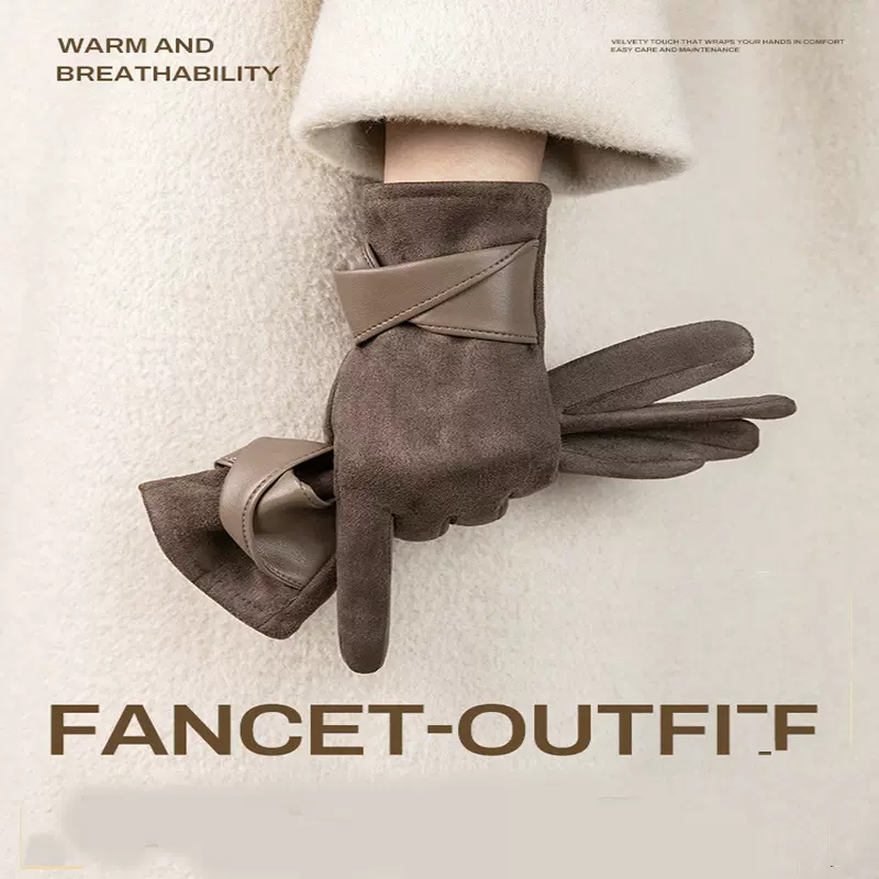 手套女麂皮绒防寒保暖女加绒加厚手套男蝴蝶结触屏手套防风女批发