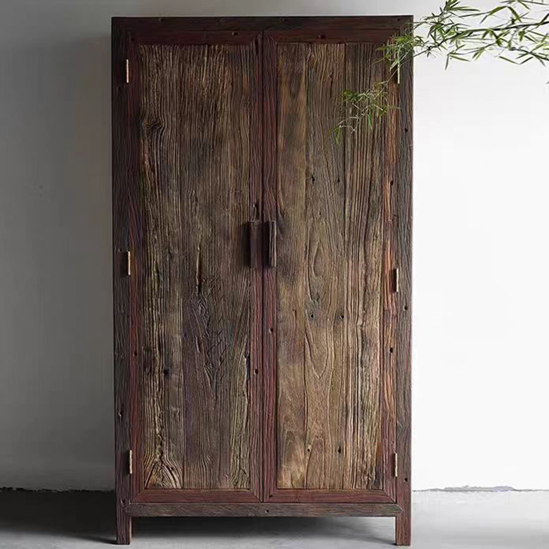 Old Elm Wabi-Sabi Style Wardrobe B&B Guest Room Wardrobe Retro Weathered Wood Board Old Material Storage Cabinet B&B Wardrobe