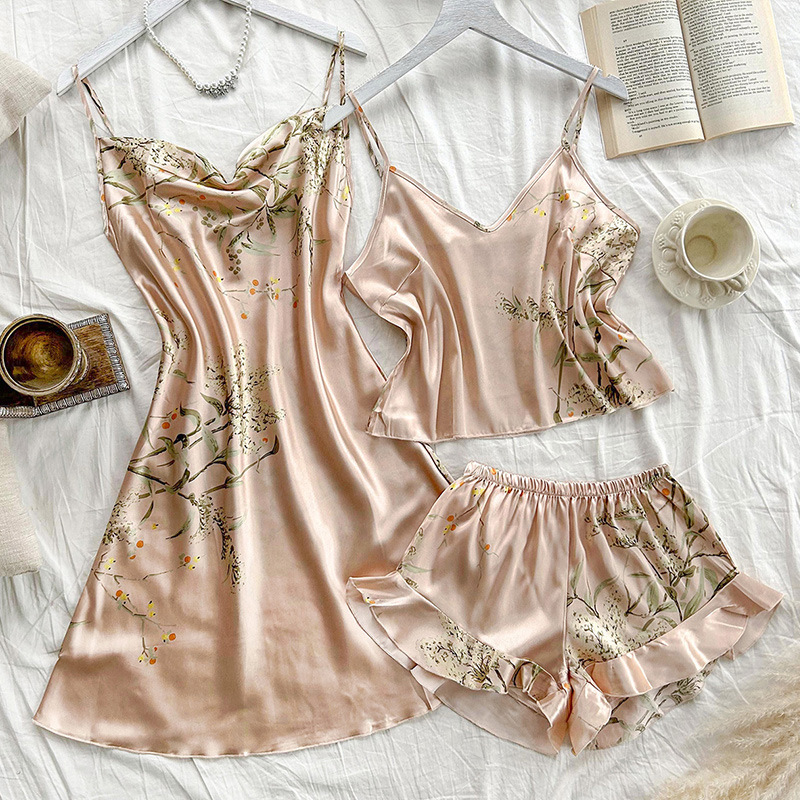 Camisola de cuatro estaciones de las mujeres Camisón con cordones camisón de dos piezas delgada ropa exterior traje de pijama de longitud media