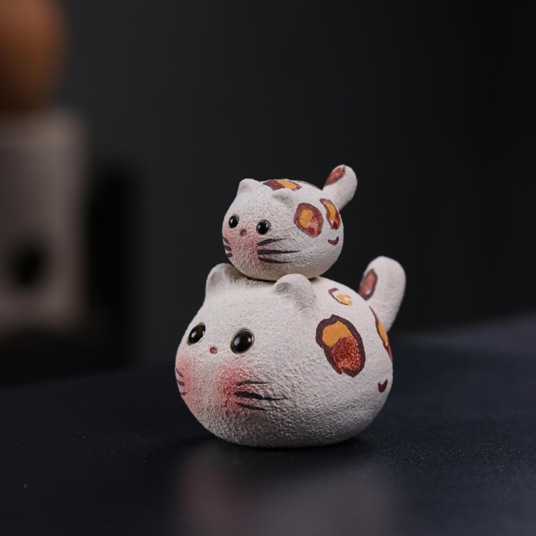 紫砂茶宠三花猫豹纹猫精品可养创意财源滚滚白猫茶玩茶桌摆件盖置