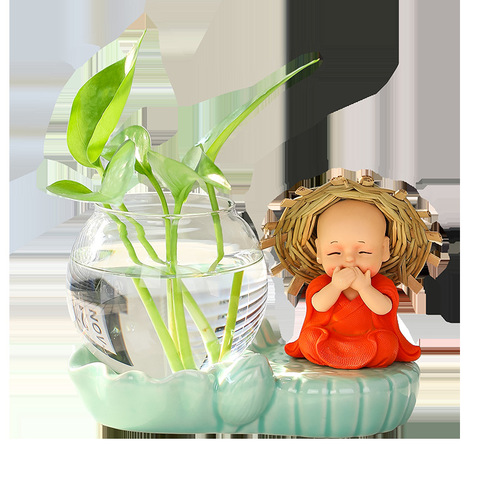 New Zen style straw hat little monk water-cultured green radish hydroponic decoration home office desktop ornaments vase flower utensils