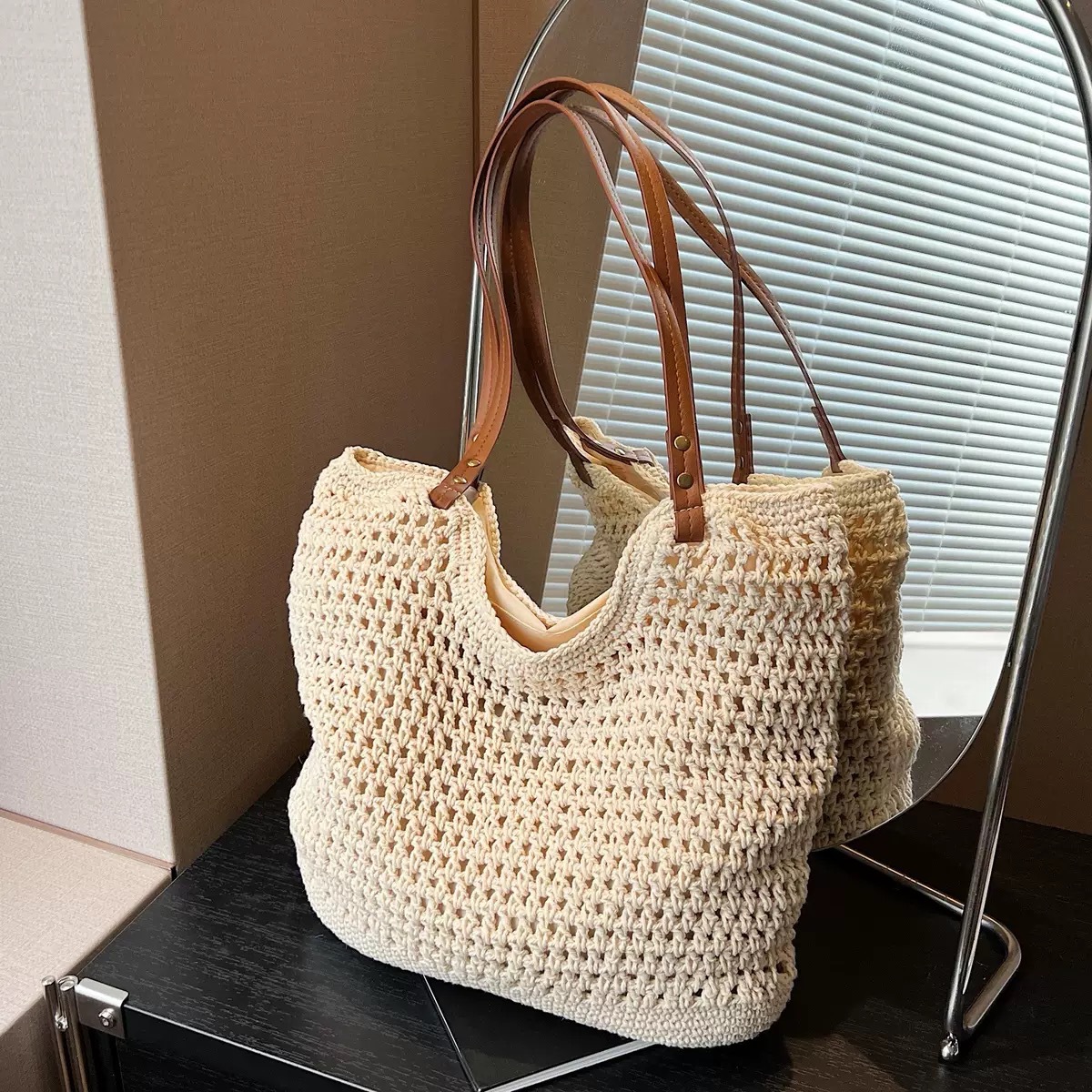 Luxury Hand-Woven Women's Large Capacity Shoulder Bag, Cotton Straw Tote For Vacation And Beach - Thumbnail 3