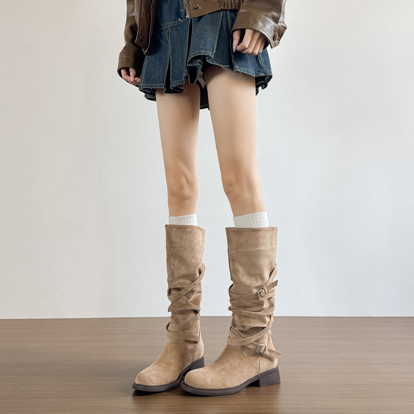 Round-Toe Vintage Suede Long Boots Martin Boots High-Heeled Boots for Women 2025 Autumn and Winter Chunky Heel French Style