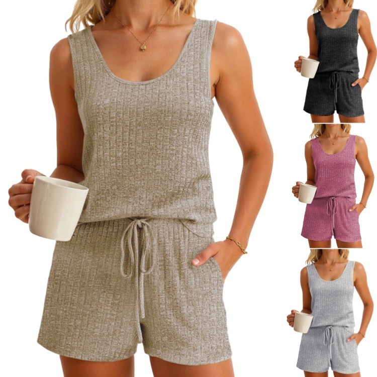 European and American Cross-Border Amazon 2025 Summer New Pure Color Vest Shorts Casual Fashion Knitted Pajamas Suit for Women