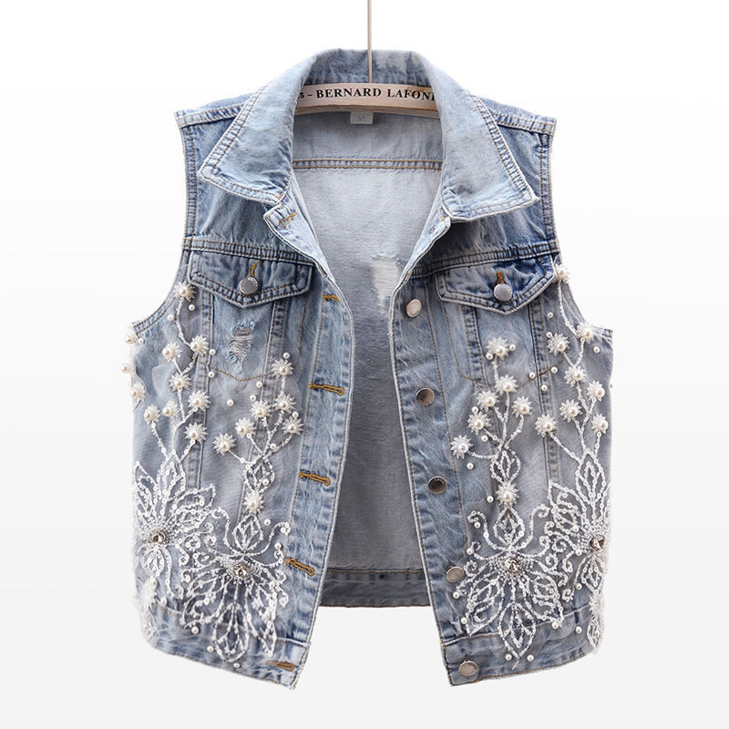 2024 Spring/Summer New Heavy Beaded Floral Denim Vest for Women, Short Distressed Vest Top