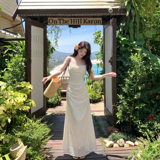 绝美漂亮收腰褶皱荡领网纱吊带连衣裙女新款纯欲风性感修身包臀裙