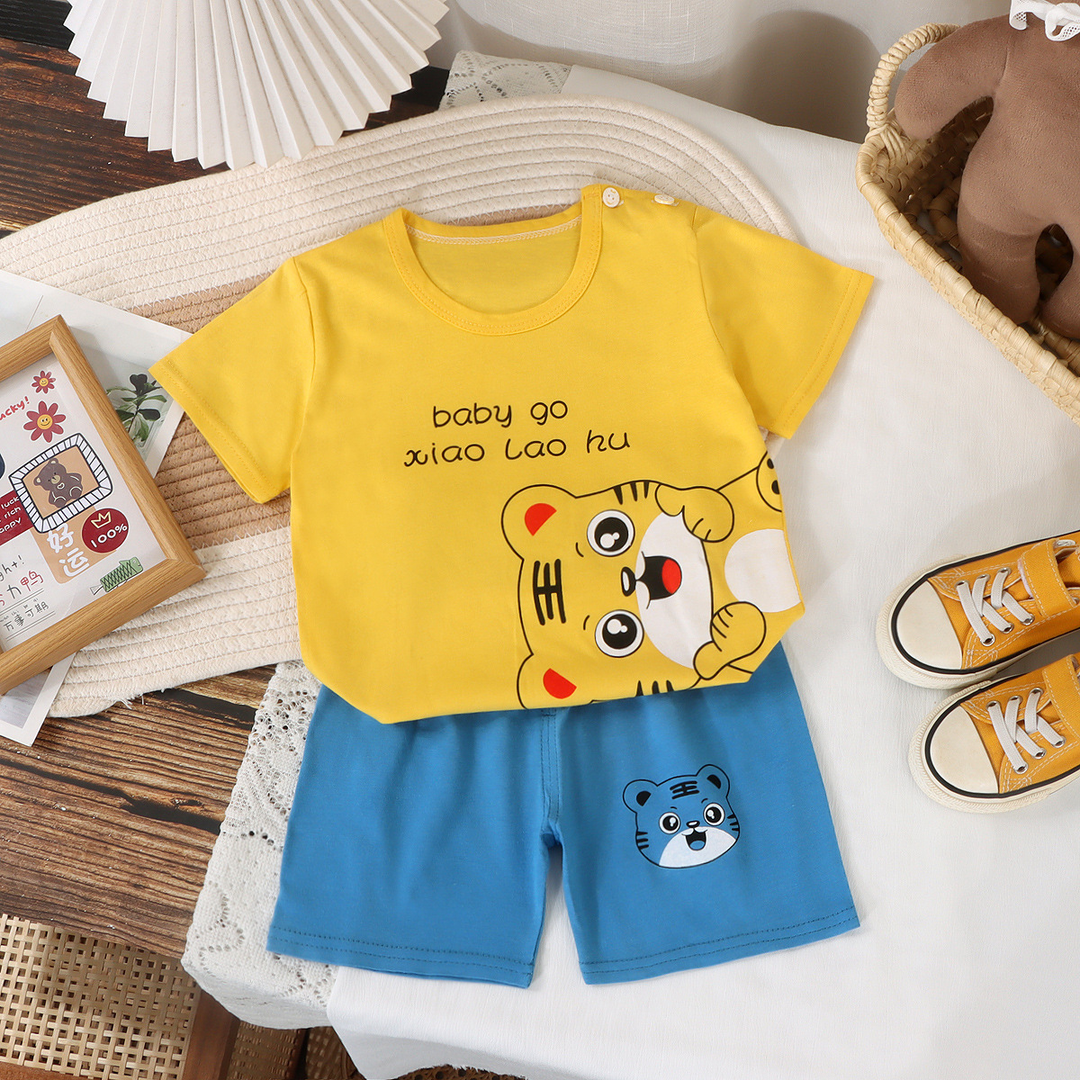 Summer New Children's Short-Sleeved Suit Pure Cotton Boys' Clothing Girls' Shorts Sports Home Wear Suit Summer Clothing Wholesale