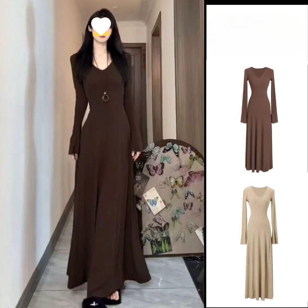 咖色V领赫本风喇叭袖连衣裙女2025秋冬新款打底收腰显瘦大摆 长裙