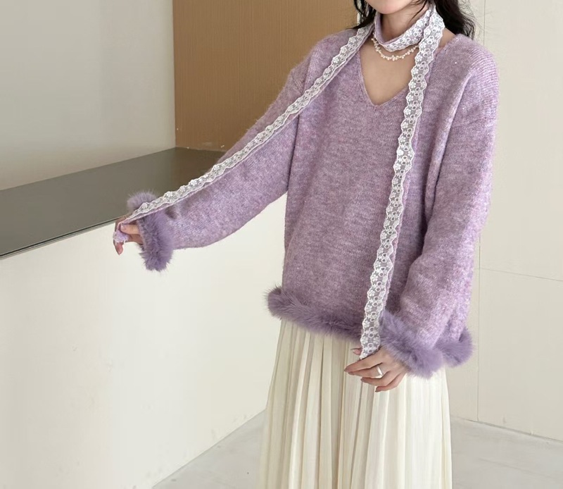 挂脖v领蕾丝拼接套头毛衣针织衫女秋冬季大码韩系慵懒设计感上衣|undefined