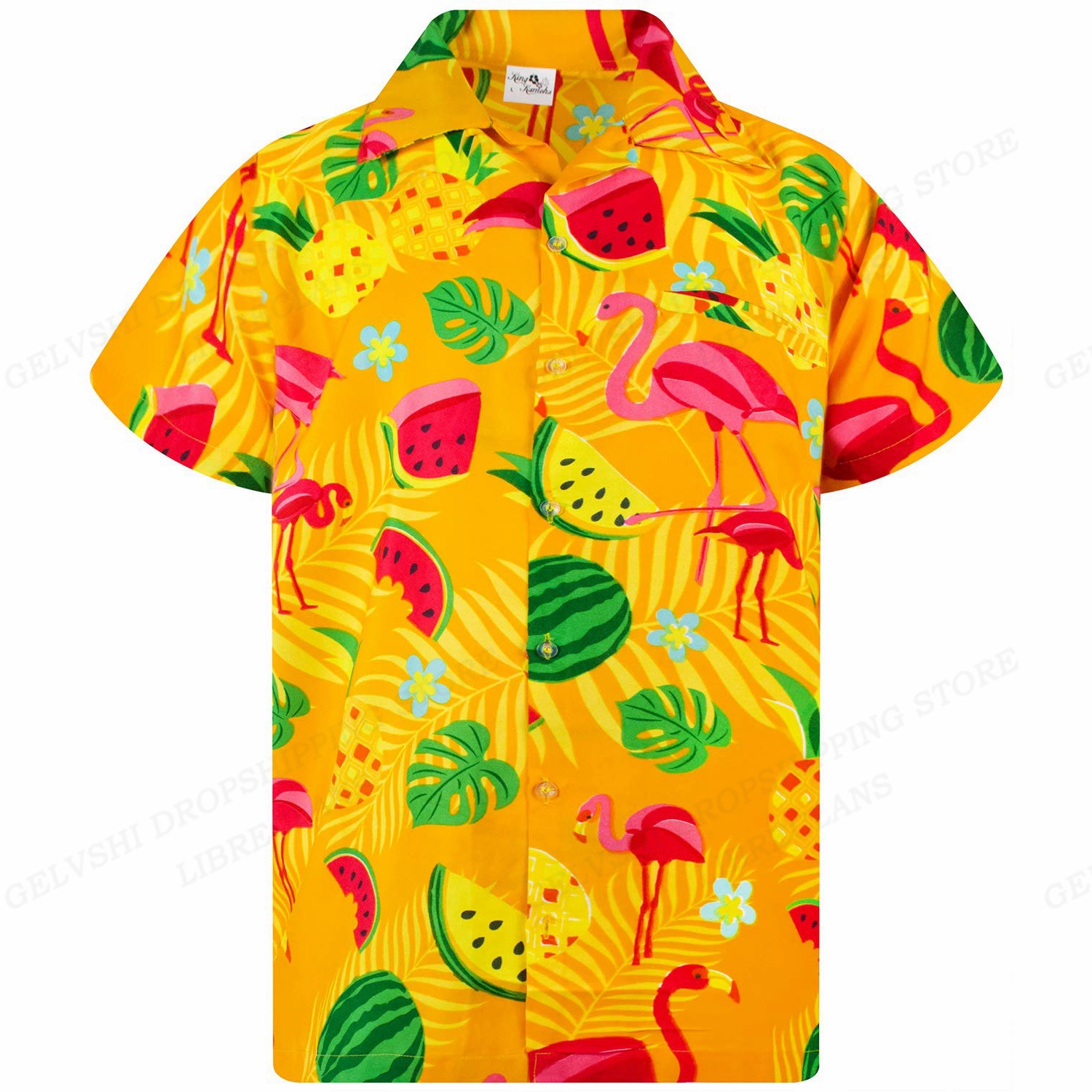 Moda y diversión grulla de corona roja color de contraste fruta estampado 3D hombre verano playa vacaciones suelta camisa hawaiana