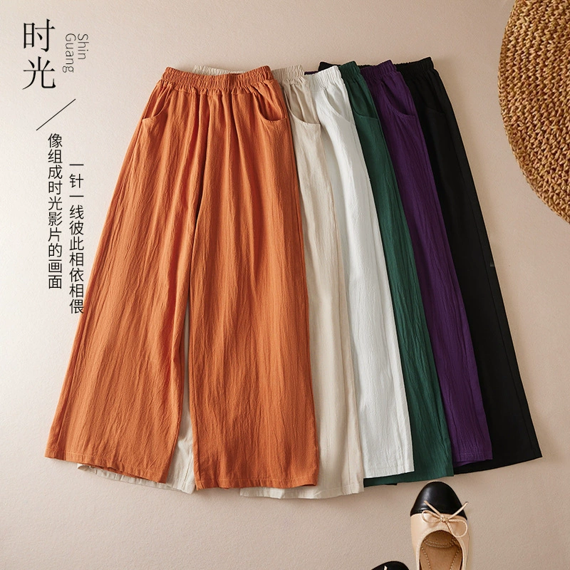 2025 новых летних женских брюк из хлопка и льна, художественные повседневные прямые брюки, большие размеры, свободные, дышащие, утягивающие, широкие брюки с девятью точками.